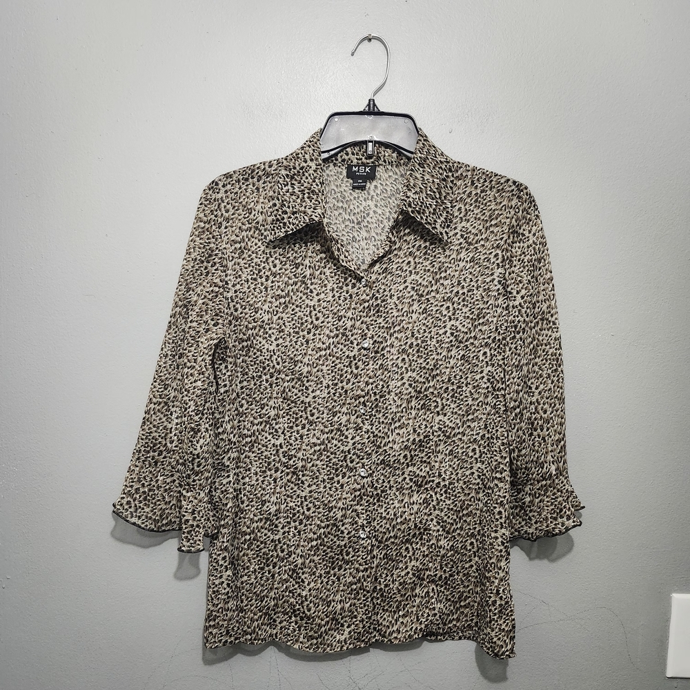 MSK Womens Black Brown Leopard Print Button Down Shirt Size MP Sheer Y2K 90s